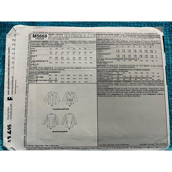 McCalls 5668 suit jacket sewing pattern Nacy Zieman size 8 10 12 14 16 18 20 - Picture 3 of 7